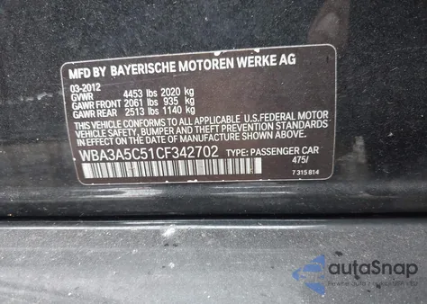 2012 BMW 328I из США, поврежденный, VIN WBA3A5C51CF342702